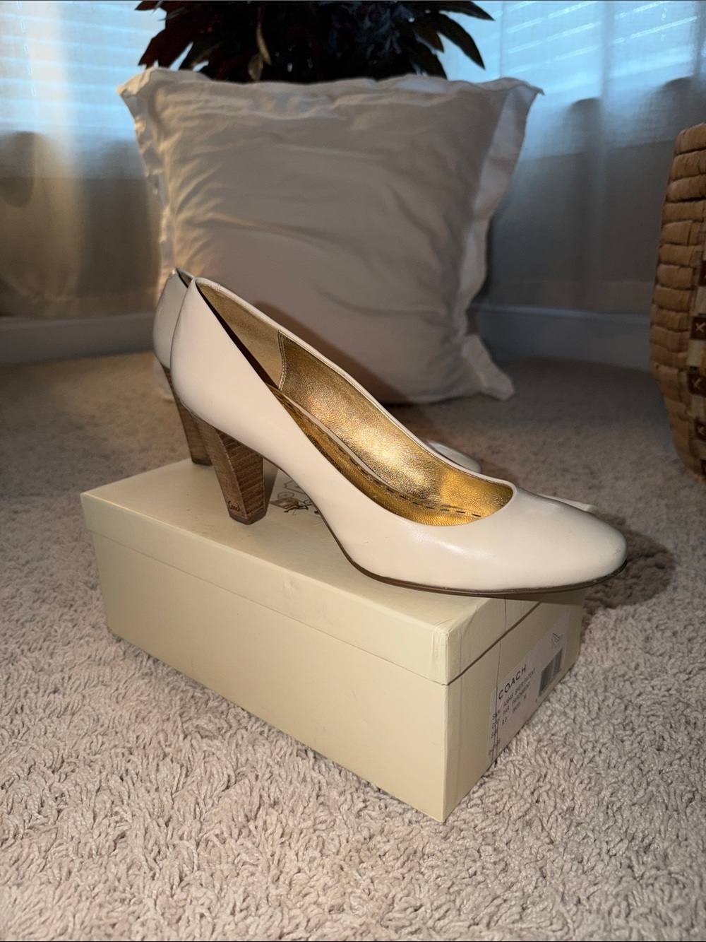 Coach Ivory Leather Round-Toe Block Heel Pumps